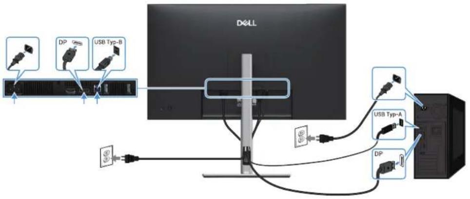 DELL P2725DE - Anslutning av DisplayPort och USB-kabel - 1