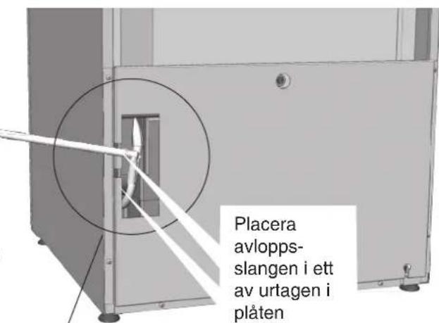 Placera avlopps- slangen i ett av urtagen i plåten