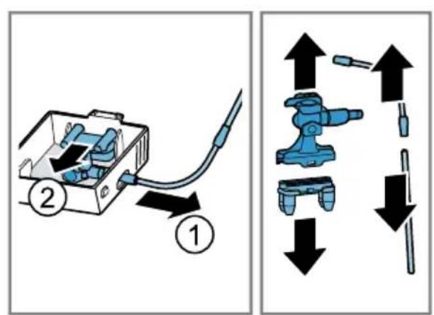 Diagram showing a mechanical assembly with labeled parts and directional arrows indicating movement or force directions.