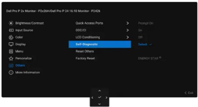 Dell Pro P 2x Monitor - P2x26H/Dell Pro P 24 16:10 Monitor - P2426 Brightness/Contrast Input Source Color Display Menu Personalize Others More Information Quick Access Ports DDC/CI LCD Conditioning Self-Diagnostic Reset Others Factory Reset Prompt On On Off Select ENERGY STAR® Exit