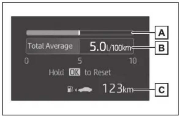 Total Average 5.0L/100km Hold OK to Reset 123km