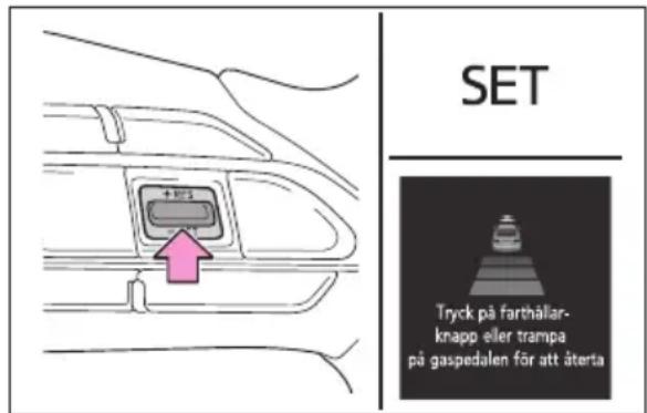 SET Tryck på farthälär- knapp eller trampa på gaspedalen för att återta