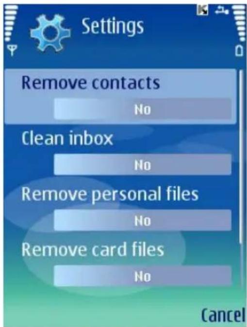 Settings Remove contacts No Clean inbox No Remove personal files No Remove card files No Cancel