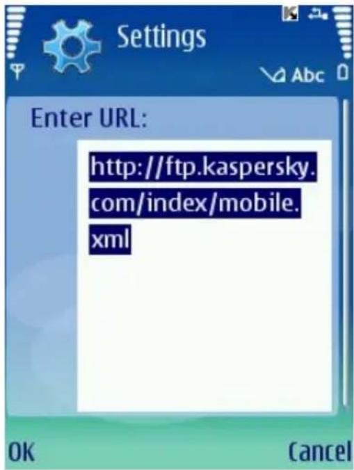 Enter URL: http://ftp.kaspersky. com/index/mobile. xml OK Cancel