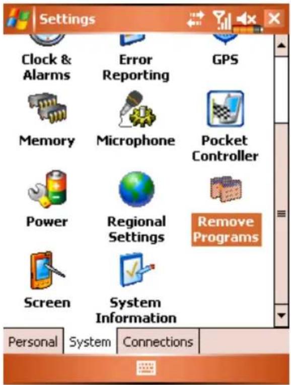 Settings Clock & Alarms Error Reporting GPS Memory Microphone Pocket Controller Power Regional Settings Remove Programs Screen System Information Personal System Connections