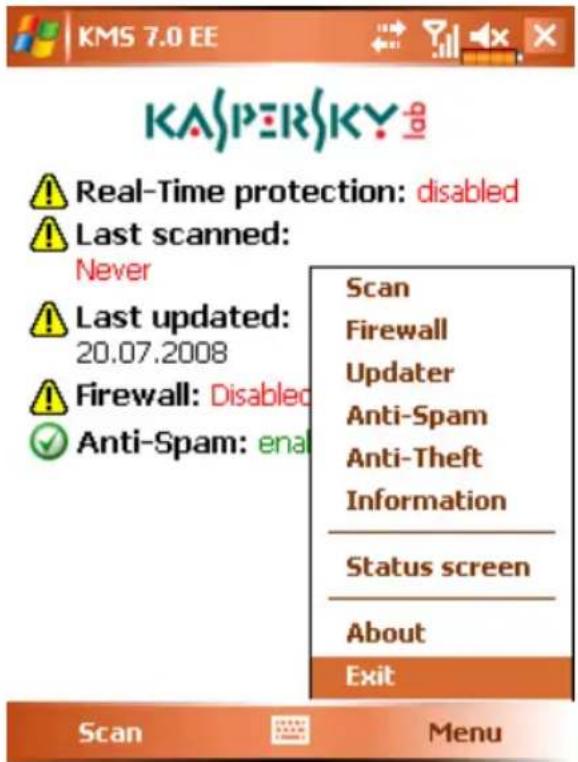 KASPERSKY Real-Time protection: disabled Last scanned: Never Last updated: 20.07.2008 Firewall: Disabled Anti-Spam: ena Scan Firewall Updater Anti-Spam Anti-Theft Information Status screen About Exit Scan Menu
