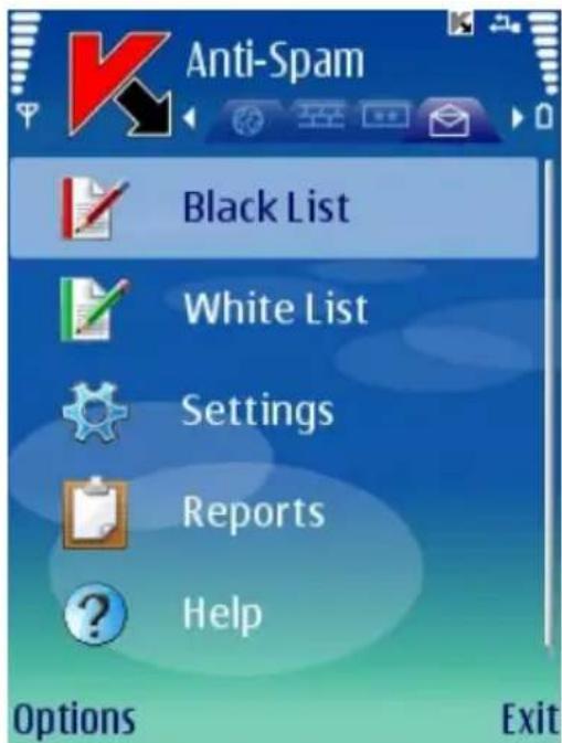 Anti-Spam Black List White List Settings Reports Help Options Exit