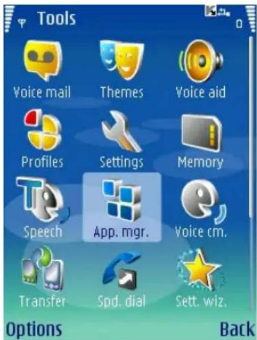 Tools Voice mail Themes Voice aid Profiles Settings Memory Speech App. mgr. Voice cm. Transfer Spd. dial Sett. wiz. Options Back