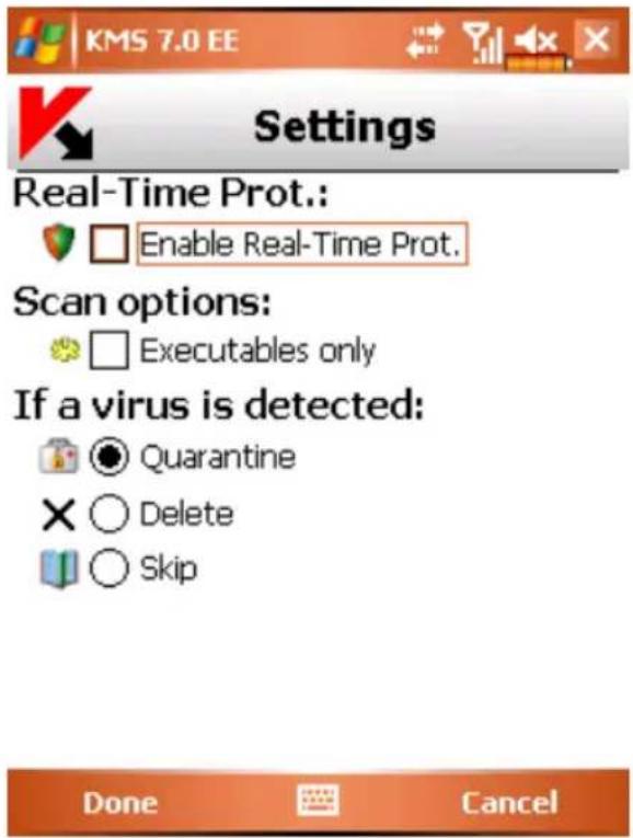 KMS 7.0 EE Settings Real-Time Prot.: Enable Real-Time Prot. Scan options: Executables only If a virus is detected: Quarantine Delete Skip Done Cancel