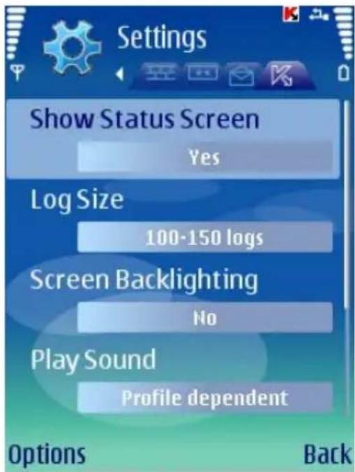 Settings Show Status Screen Yes Log Size 100-150 logs Screen Backlighting No Play Sound Profile dependent Options Back