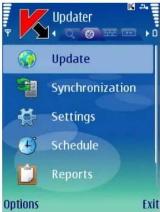 Updater Update Synchronization Settings Schedule Reports Options Exit
