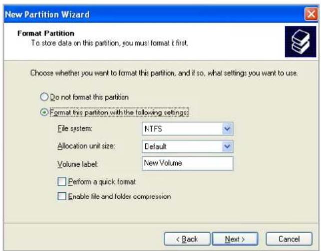 New Partition Wizard Format Partition To store data on this partition, you must format it first. Choose whether you want to format this partition, and if so, what settings you want to use. Do not format this partition Format this partition with the following settings: File system: NTFS Allocation unit size: Default Volume label: New Volume Perform a quick format Enable file and folder compression < Back Next > Cancel