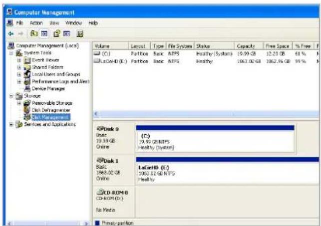 Computer Management File Action View Window Help Computer Management (Local) System Tools Event Viewer Shared Folders Local Users and Groups Performance Logs and Alert Device Manager Storage Removable Storage Disk Defragmenter Disk Management Services and Applications Volume Layout Type File System Status Capacity Pire Space % Free F (C:) Partition Basic NTFS Healthy (Systems) 19.99 GB 12.20 GB 61 % F LaGetHD (E:) Partition Basic NTFS Healthy 1863.02 GB 1862.95 GB 99 % F Disk 0 Basic (C:) 19.99 GB NTFS 19.99 GB Healthy (Systems) Online Disk 1 Basic LaGetHD (E:) 1963.02 GB NTFS Online Healthy CD-ROM 6 CD-ROM (D:) No Media Primary partition