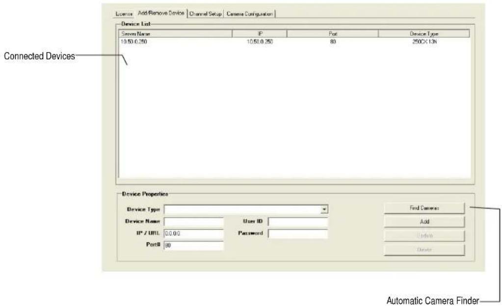 License Add/Remove Device Channel Setup Camera Configuration Device List Server Name IP Port Device Type 10.50.0.250 10.50.0.250 80 250×13N Connected Devices Device Properties Device Type Device Name User ID IP / URL Password Port# 30 Find Camera Add Delete Automatic Camera Finder