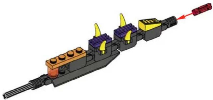3D mechanical assembly diagram showing a shaft connected to multiple blocks with colored components (no text or symbols)