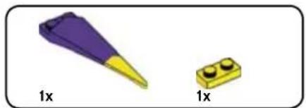 Two 3D-rendered objects: a purple funnel-shaped tool and a yellow rectangular block with two small protrusions, both labeled '1x' (no additional text or symbols)
