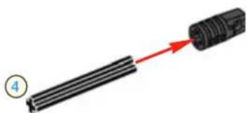 Diagram showing a black cylindrical component being inserted into a black cylindrical device with a red arrow indicating direction (no text or symbols present)