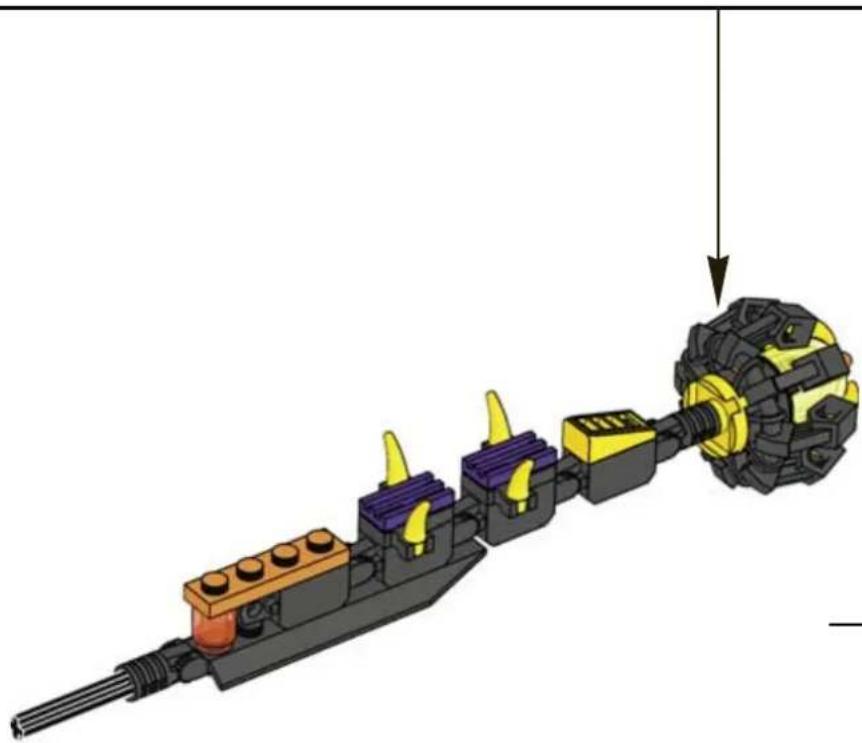 Mechanical assembly diagram showing a sequence of components with colored blocks and a yellow gear-like component, no text or symbols present.