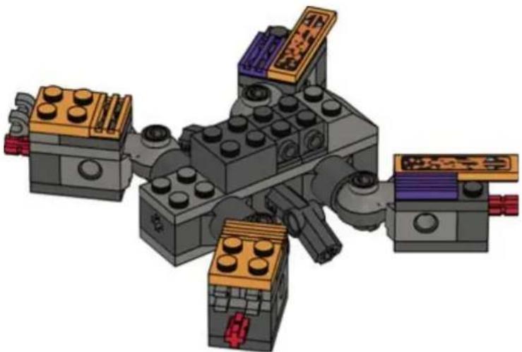 3D mechanical assembly diagram of a robotic arm with multiple articulated blocks and no visible text or symbols