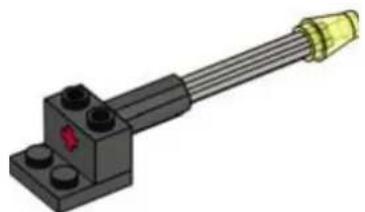 3D rendering of a mechanical lever with black base and yellow end cap (no text or symbols)