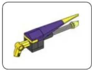 3D rendered image of a mechanical component with purple and yellow parts, no visible text or symbols