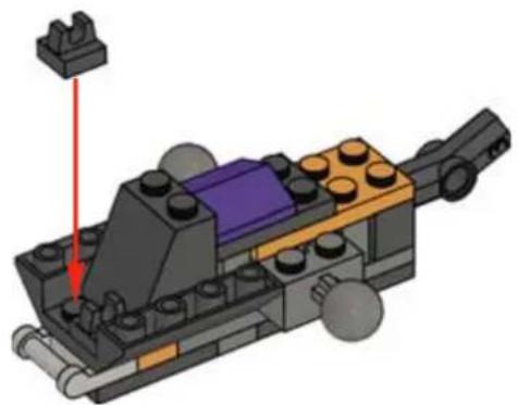 3D diagram of a LEGO mechanical assembly with a purple block and gray components, showing no text or symbols.
