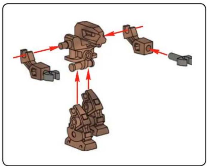 Mechanical assembly diagram showing interconnected components with red directional arrows (no text or labels)