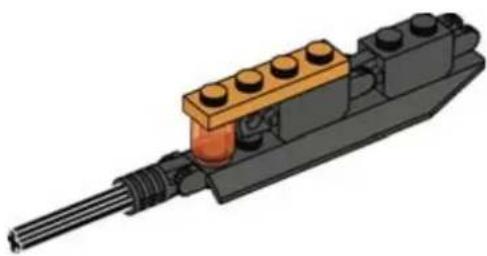 3D illustration of a LEGO mechanical component with orange and black parts, no text or symbols present