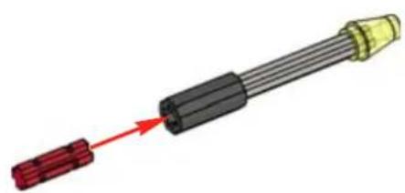 3D illustration of a red connector inserted into a black cylindrical component with yellow ends (no text or symbols)