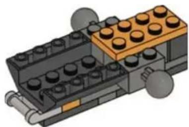3D illustration of a LEGO mechanical assembly with stacked blocks and wheels (no text or symbols)