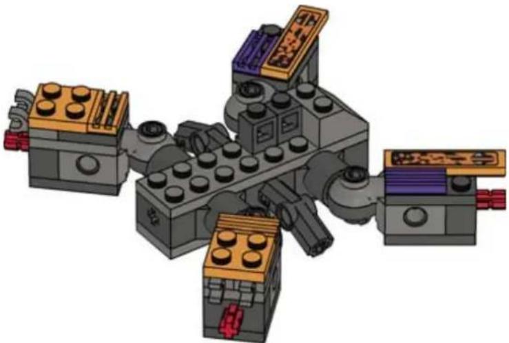 3D mechanical assembly diagram of a robotic arm with multiple articulated blocks and no visible text or symbols