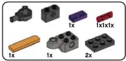 Collection of LEGO blocks with labeled sizes (1x, 1x1x1x, 2x) shown in grayscale and colored blocks.