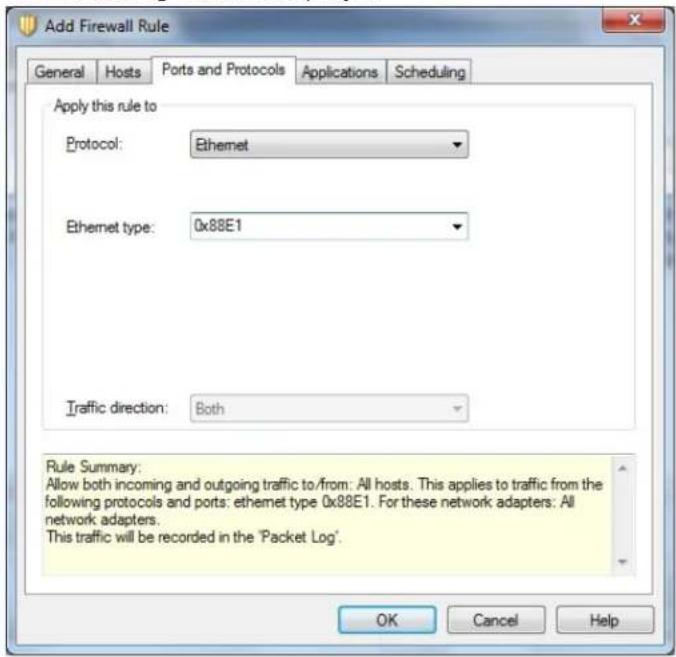 Add Firewall Rule General Hosts Ports and Protocols Applications Scheduling Apply this rule to Protocol: Ethermet Ethernet type: 0x88E1 Traffic direction: Both Rule Summary: Allow both incoming and outgoing traffic to/from: All hosts. This applies to traffic from the following protocols and ports: ethernet type 0x88E1. For these network adapters: All network adapters. This traffic will be recorded in the 'Packet Log'. OK Cancel Help