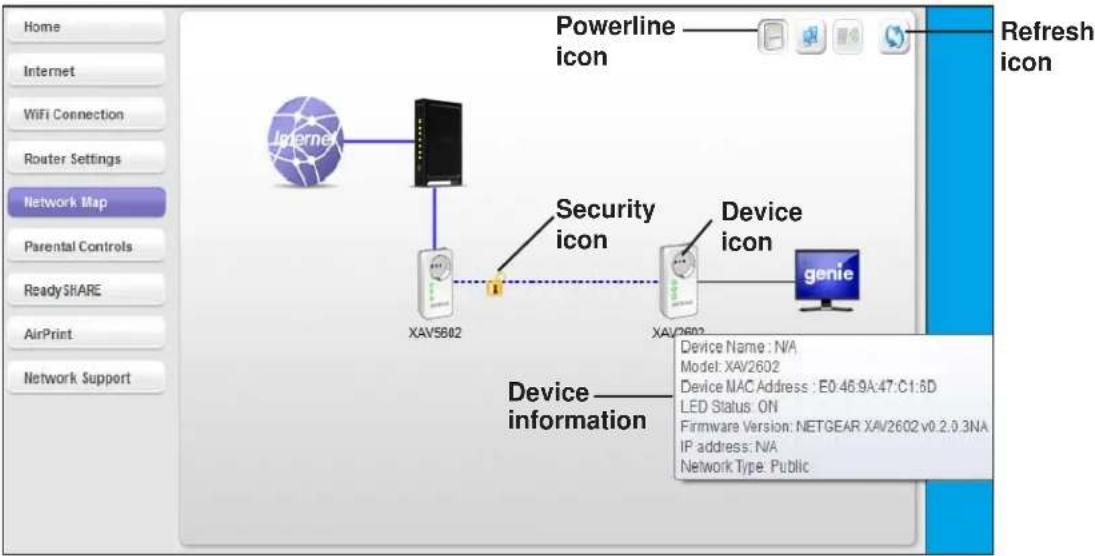 Home Internet WiFi Connection Router Settings Network Map Parental Controls ReadySHARE AirPrint Network Support Powerline icon Refresh icon XAV5602 Security icon Device icon XAV6602 device information Device Name : N/A Model: XAV2602 Device MAC Address : E0.46.9A.47:C1:6D LED Status : ON Firmware Version: NETGEAR XAV2602 v0.2.0.3NA IP address : N/A Network Type: Public