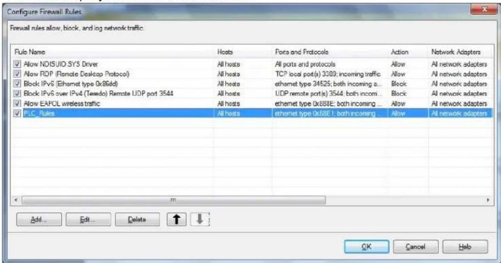 Configure Firewall Rules Firewall rules allow, block, and log network traffic Rule Name Hosts Ports and Protocols Action Network Adapters ✓ Allow NDISUID SYS Driver All hosts All ports and protocols Allow AI network adapters ✓ Allow RDP (Remote Desktop Protocol) All hosts TCP local port(s) 3389; incoming traffic Allow AI network adapters ✓ Block IPv6 (Ethernet type 0x86dd) All hosts ethemet type 24525; both incoming a... Block AI network adapters ✓ Block IPv6 over IPv4 (Teredo) Remote UDP port 3544 All hosts UDP remote port(s) 3544; both incoming... Block AI network adapters ✓ Allow EAPOL wireless traffic All hosts ethemet type 0x888E; both incoming... Allow AI network adapters ✓ PLC_Rules All hosts ethemet type 0x88E1; both incoming... Allow AI network adapters Add... Edit... Delete ↑ ↓ OK Cancel Help