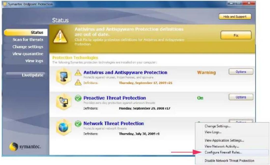 Symantec Endpoint Protection Status Help and Support Status Scan for threats Change settings View quarantine View logs LiveUpdate Antivirus and Antispyware Protection definitions are out of date. Click Fix to update protection definitions for Antivirus and Antispyware Protection. Fix Protection Technologies The following Symantec protection technologies are installed on your computer: Antivirus and Antispyware Protection Protects against viruses, trojan horses, and spyware Definitions: Thursday, September 17, 2009 r21 Warning Options Proactive Threat Protection Provides zero-day protection against unknown threats Definitions: Monday, September 29, 2008 r17 On Options Network Threat Protection Protects against network threats Definitions: Thursday, July 30, 2009 r1 Change Settings... View Logs... View Application Settings... View Network Activity... Configure Firewall Rules... Disable Network Threat Protection symantec.