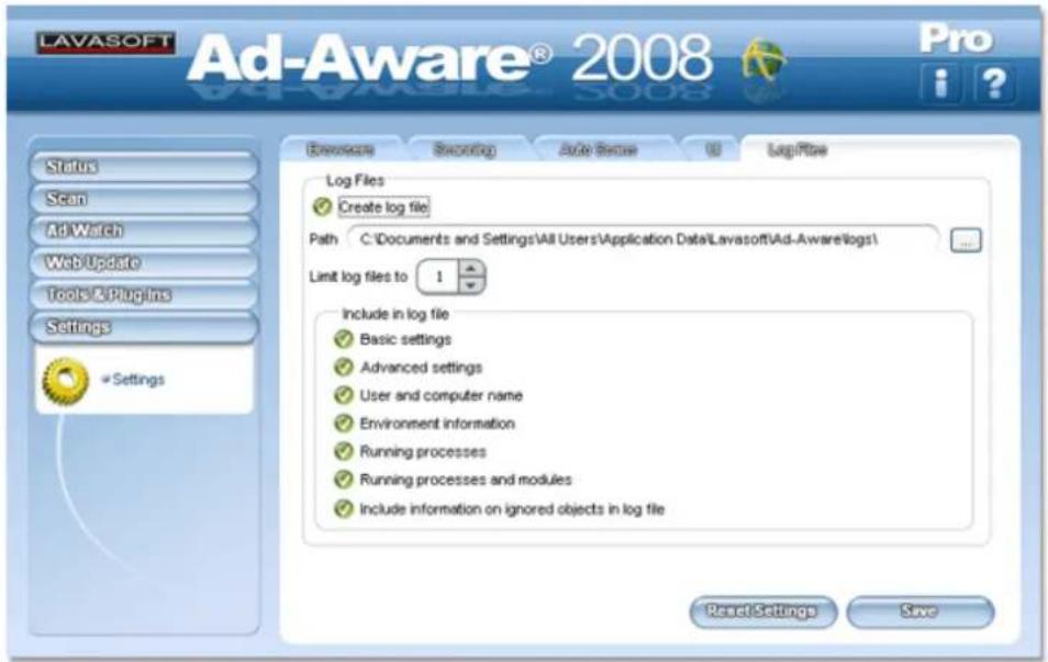 LAVASOFT Ad-Aware® 2008 Pro Status Scan AdWatch WebUpdate Tools & Plugins Settings Settings Log Files Create log file Path C:\Documents and Settings\All Users\Application Data\Lavasoft\Ad-Aware\logs\ Limit log files to 1 Include in log file Basic settings Advanced settings User and computer name Environment information Running processes Running processes and modules Include information on ignored objects in log file Reset Settings Save