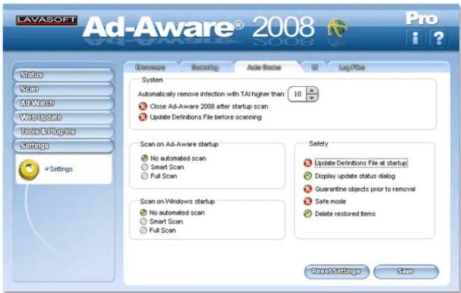 LAVASOFT Ad-Aware® 2008 Pro Status Scan AdWatch Web Update Tools & Plugins Settings Settings Excessive Recording Auto Trace ID Log/File System Automatically remove infection with TAI higher than: 10 Close Ad-Aware 2008 after startup scan Update Definitions File before scanning Scan on Ad-Aware startup No automated scan Smart Scan Full Scan Scan on Windows startup No automated scan Smart Scan Full Scan Safety Update Definitions File at startup Display update status dialog Quarantine objects prior to removal Safe mode Delete restored items Reset Settings Save