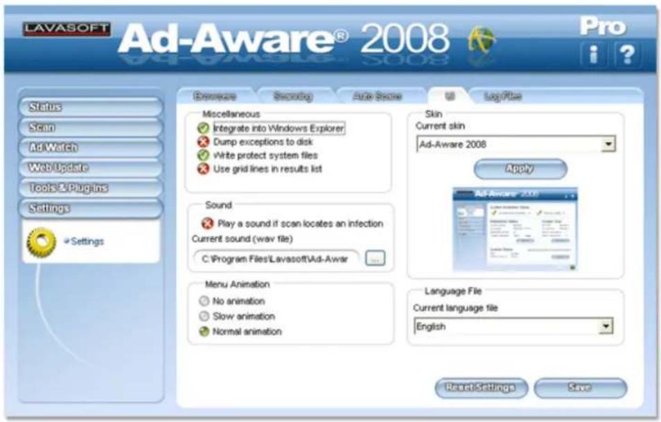 LAVASOFT Ad-Aware® 2008 Pro i ? Status Scan Ad Watch Web Update Tools & Plugins Settings Settings Deerease Securing Auto Scene Log Files Miscellaneous Integrate into Windows Explorer Dump exceptions to disk Write protect system files Use grid lines in results list Skin Current skin Ad-Aware 2008 Apply Sound Play a sound if scan locates an infection Current sound (wav file) C:\Program Files\Lavasoft\Ad-Awar Menu Animation No animation Slow animation Normal animation Language File Current language file English Reset Settings Save