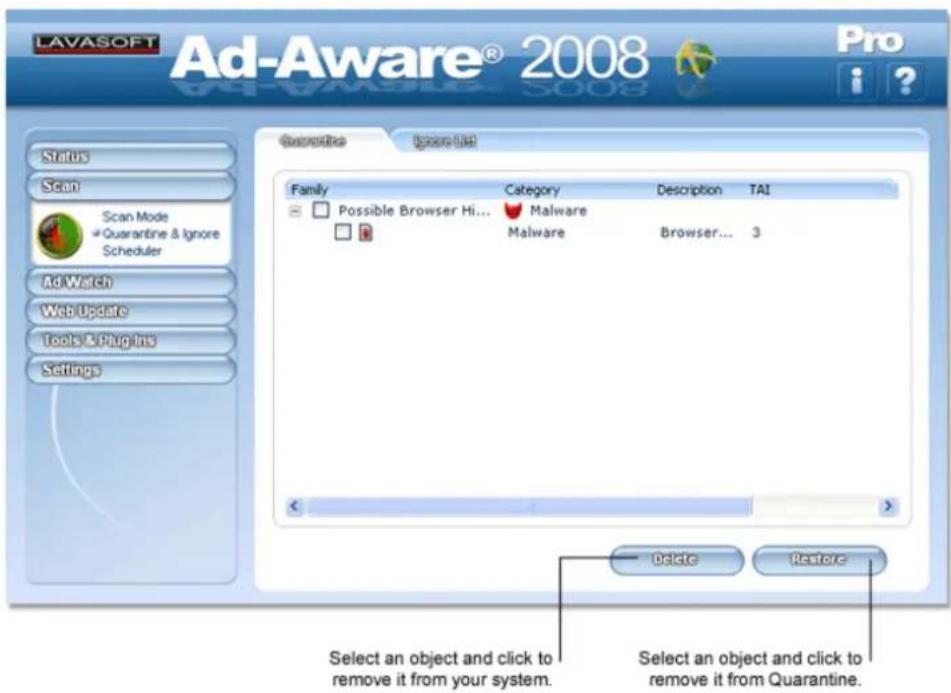 LAVASOFT Ad-Aware® 2008 Pro i ? Status Scan Scan Mode Quarantine & Ignore Scheduler AdWatch Web Update Tools & Plugins Settings Quarantine Ignor List Family Category Description TAI Possible Browser Hi... Malware Malware Browser... 3 Delete Restore Select an object and click to remove it from your system. Select an object and click to remove it from Quarantine.