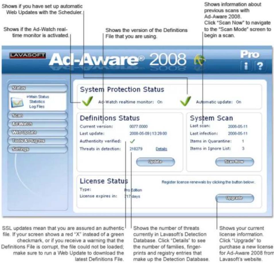 Shows if you have set up automatic Web Updates with the Scheduler. Shows if the Ad-Watch real- time monitor is activated. Shows the version of the Definitions File that you are using. Shows information about previous scans with Ad-Aware 2008. Click "Scan Now" to navigate to the "Scan Mode" screen to begin a scan. LAVASOFT Ad-Aware® 2008 Pro i ? Status #Main Status Statistics Log Files Scan AdWatch Web Update Tools & Plugins Settings System Protection Status ✓ Ad-Watch realtime monitor: On ✓ Automatic update: On Definitions Status Current version: 0077.0000 Last update: 2008-05-09 | 13:29:00 Authenticity verified: ✓ Threats in detection: 218279 Details Update System Scan Last scan: 2008-05-11 Last infection: 2008-05-11 Items in Quarantine: 1 Items in Ignore List: 3 Scan Now License Status Type: Pro Edition License expires in: 717 days Register license renewals by clicking the button below. Upgrade SSL updates mean that you are assured an authentic file. If your screen shows a red "X" instead of a green checkmark, or if you receive a warning that the Definitions File is corrupt, the file could not be loaded; make sure to run a Web Update to download the latest Definitions File. Shows the number of threats currently in Lavasoft's Detection Database. Click "Details" to see the number of families, finger- prints and registry entries that make up the Detection Database. Shows your current license information. Click "Upgrade" to purchase a new license for Ad-Aware 2008 from Lavasoft's website.