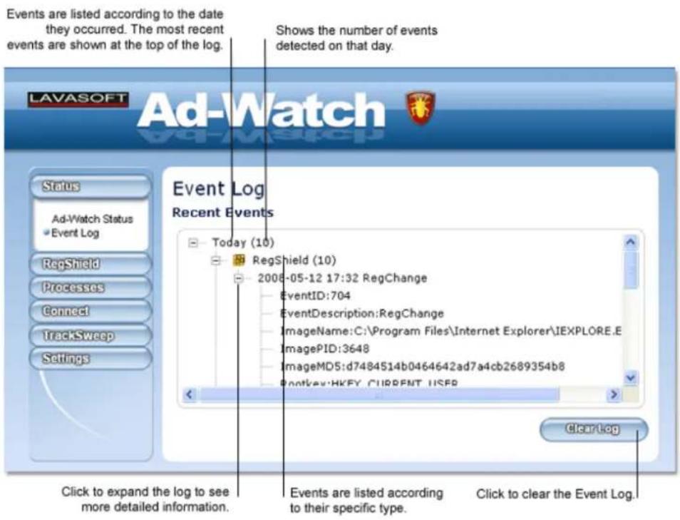 Events are listed according to the date they occurred. The most recent events are shown at the top of the log. Shows the number of events detected on that day. LAVASOFT Ad-Watch Status Ad-Watch Status Event Log RegShield Processes Connect TrackSweep Settings Event Log Recent Events Today (10) RegShield (10) 2006-05-12 17:32 RegChange EventID:704 EventDescription:RegChange ImageName:C:\Program Files\Internet Explorer\IEXPLORE.E ImagePID:3648 ImageMDS:d7484514b0464642ad7a4cb2689354b8 RootKey:HKEY_CURRENT_USER ClearLog Click to expand the log to see more detailed information. Events are listed according to their specific type. Click to clear the Event Log.