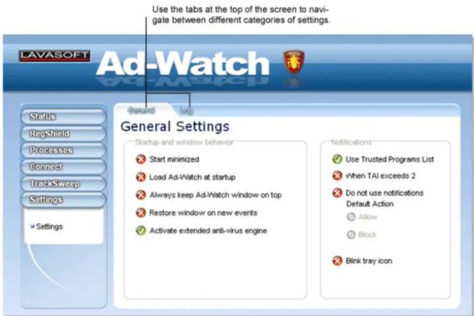 Use the tabs at the top of the screen to navigate between different categories of settings. LAVASOFT Ad-Watch General (Ic) Status RegShield Processes Connect TrackSweep Settings Settings General Settings Startup and window behavior Start minimized Load Ad-Watch at startup Always keep Ad-Watch window on top Restore window on new events Activate extended anti-virus engine Notifications Use Trusted Programs List When TAI exceeds 2 Do not use notifications Default Action Allow Block Blink tray icon