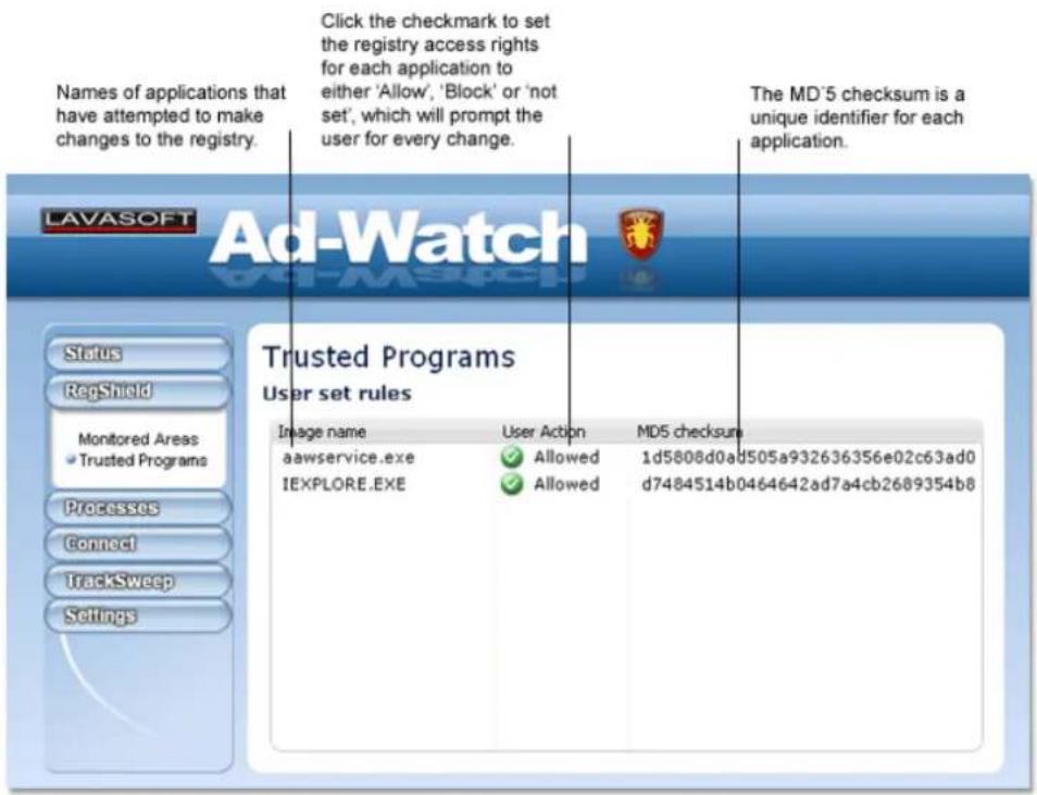 Names of applications that have attempted to make changes to the registry. Click the checkmark to set the registry access rights for each application to either 'Allow', 'Block' or 'not set', which will prompt the user for every change. The MD'5 checksum is a unique identifier for each application. Status RegShield Monitored Areas • Trusted Programs Processes Connect TrackSweep Settings Trusted Programs User set rules Image name User Action MD5 checksum aawservice.exe Allowed 1d5808d0ad505a932636356e02c63ad0 IEXPLORE.EXE Allowed d7484514b0464642ad7a4cb2689354b8