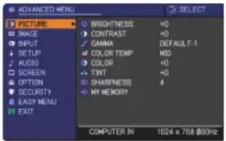 ADANCED MENU PICTURE IMAGE INPUT SETUP AUDIO SCREEN OPTION SECURITY EASY MENU EXIT BRIGHTNESS +0 CONTRAST +0 GAMMA DEFAULT-1 COLOR TEMP MID COLOR +0 TINT +0 SHARNESS 4 MY MEMORY COMPUTER IN 1024 x 768 @60Hz