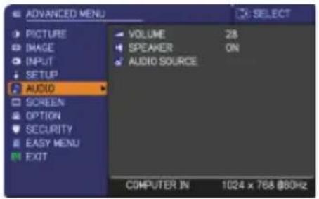 ADVANCED MENU PICTURE IMAGE INPUT SETUP AUDIO SCREEN OPTION SECURITY EASY MENU EXIT VOLUME 28 SPEAKER ON AUDIO SOURCE COMPUTER IN 1024 x 768 @60Hz SELECT
