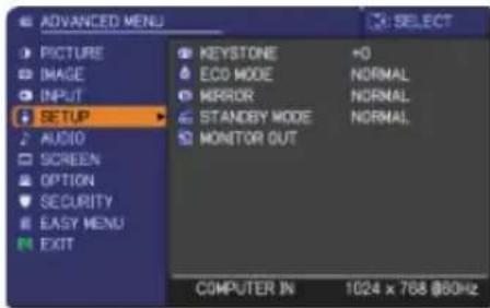 ADVANCED MENU PICTURE IMAGE INPUT SETUP AUDIO SCREEN OPTION SECURITY EASY MENU EXIT KEYSTONE +O ECO MODE NORMAL MIRROR NORMAL STANDBY MODE NORMAL MONITOR OUT COMPUTER IN 1024 x 768 @60Hz