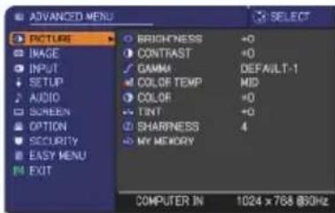 ADANCED MENU SELECT PICTURE BRICHNESS +0 INAGE CONTRAST +0 INPUT GAMMA DEFAULT-1 SETUP COLOR TEMP MID AUDIO COLOR +0 SCREEN TINT +0 OPTION SHARNESS 4 SECURITY MY MEMORY EASY MENU EXIT COMPUTER IN 1024 x 768 @30Hz