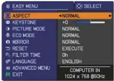 EASY MENU ASPECT NORMAL +0 NORMAL NORMAL NORMAL EXECUTE Oh ENGLISH COMPUTER IN 1024 x 768 @60Hz