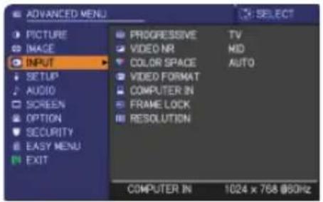 ADVANCED MENU PICTURE MACE INPUT SETUP AUDIO SCREEN OPTION SECURITY EASY MENU EXIT PROGRESSIVE TV VIDEO NR MID COLOR SPACE AUTO VIDEO FORMAT COMPUTER IN FRAME LOCK RESOLUTION COMPUTER IN 1024 x 768 @50Hz